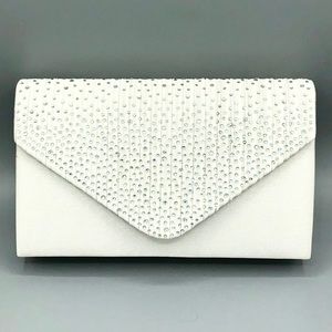 White Satin Rhinestone Clutch w/ detachable strap